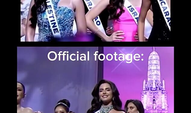 Miss Israel Melanie Shiraz posted on social media 'edited' footage, which showed her glaring at Miss Palestine, alongside 'official' footage, which showed her diverting her gaze elsewhere