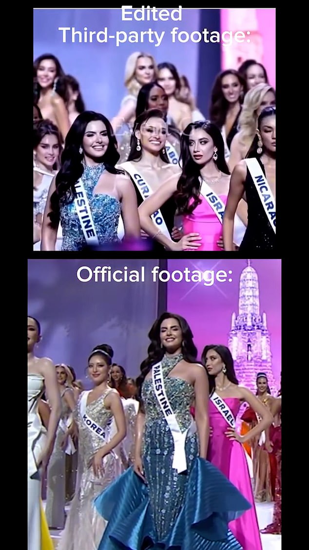 Miss Israel Melanie Shiraz posted on social media 'edited' footage, which showed her glaring at Miss Palestine, alongside 'official' footage, which showed her diverting her gaze elsewhere