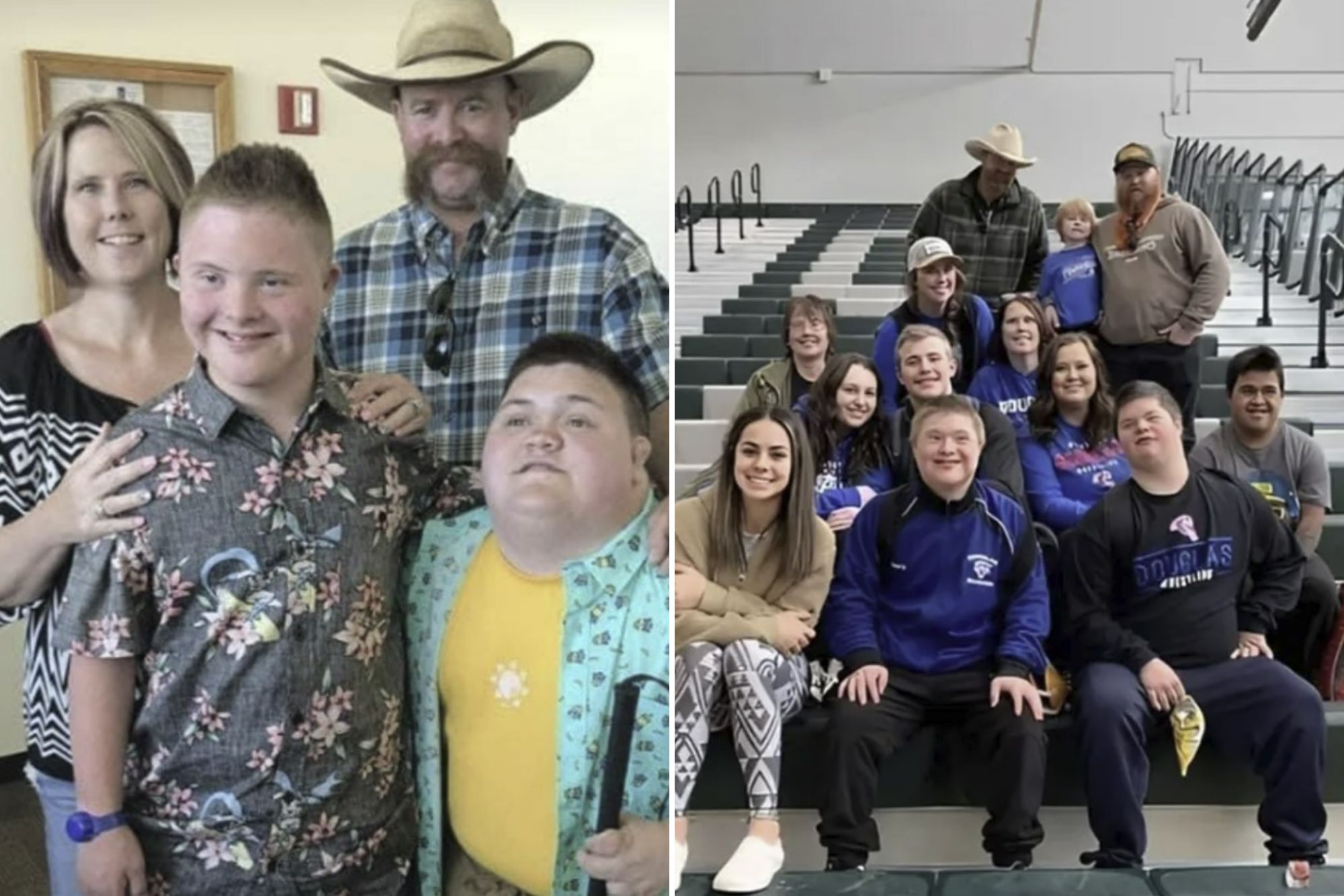 An image collage containing 2 images, Image 1 shows Shannon and Troy Pinkerton with their adopted sons Joey and Devlin, Image 2 shows Shannon Pinkerton and Troy with their ten children and adopted children