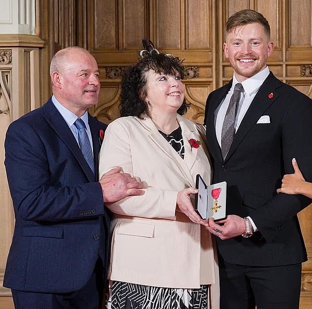 Adam's mother (centre, pictured with husband Mark and son Adam getting his OBE) firstly didn't attend Holly's hen do at Soho Farmhouse