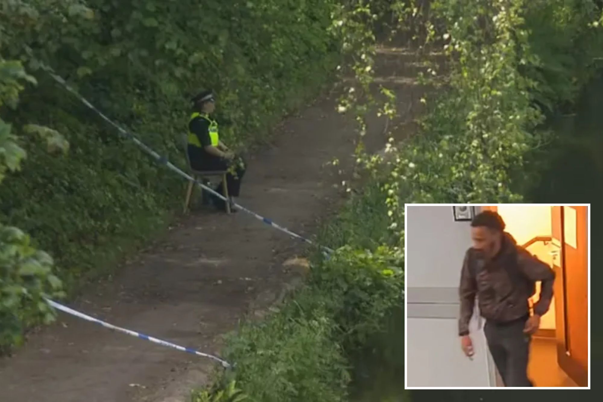 An image collage containing 2 images, Image 1 shows NINTCHDBPICT001036921818, Image 2 shows A man in a dark jacket, dark pants, and a backpack walking through a doorway