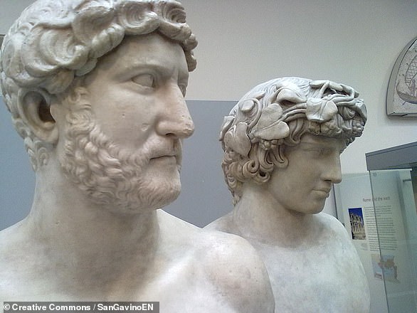 Pictured: busts of Emperor Hadrian and his lover, the Bithynian Greek youth Antinous, as seen in the British Museum. Following Antinous' death in the Nile, Hadrian founded a cult focused around the young man - and is believed by some experts to have erected a temple in Antinous' honour in the grounds of the Villa Adriana