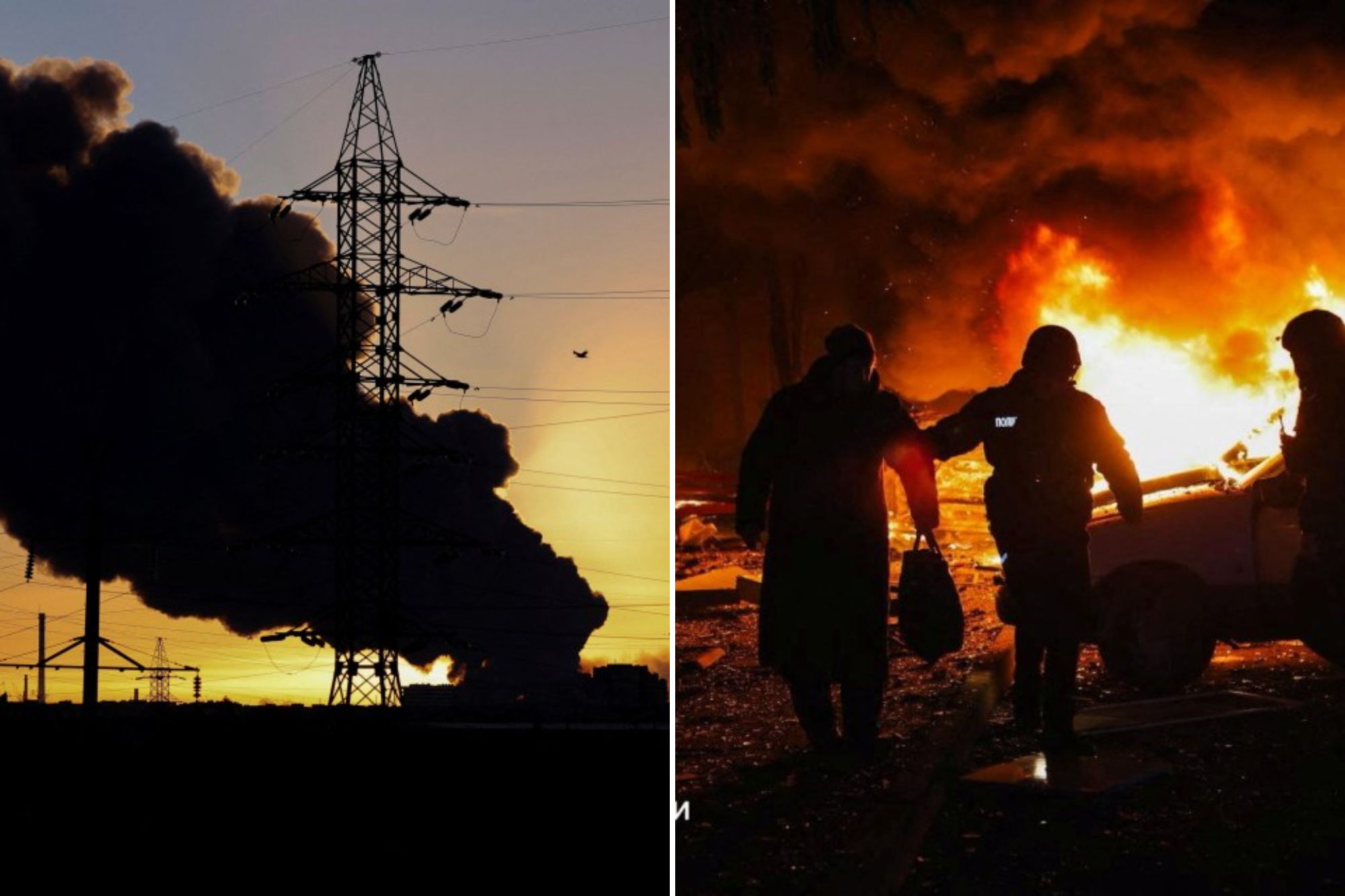An image collage containing 2 images, Image 1 shows Aftermath of a Russian missile and drone attack in Lviv, Image 2 shows Aftermath of a Russian drone attack in Kharkiv
