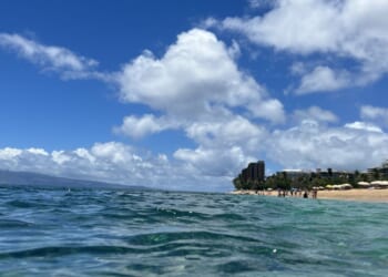 Low-angle view of waters on Kaanapali beach, Maui, Hawaii, July 14, 2025.