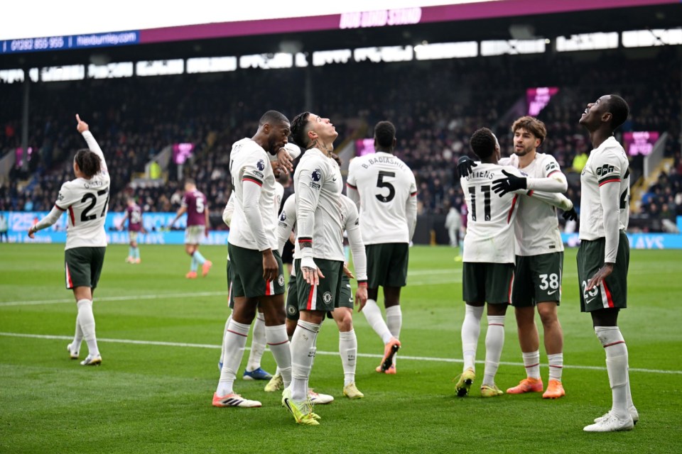 Chelsea players on the field during a Premier League match.