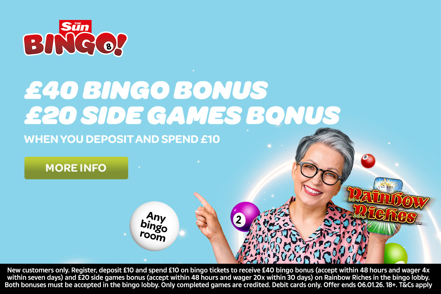 The Sun Bingo promotion offering £40 bingo bonus and £20 side games bonus when depositing and spending £10.