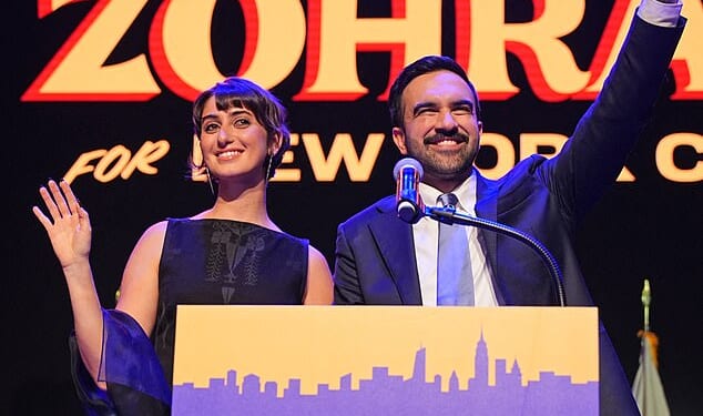 Sporting her favoured gold hoop earrings and a black lace ensemble, Rama Duwaji, the 28-year-old wife of new New York mayor Zohran Mamdani, has become the youngest ever First Lady of New York City, after her husband took more than 50 per cent of the vote in this week's mayoral elections (Pictured at Brooklyn Paramount Theate)