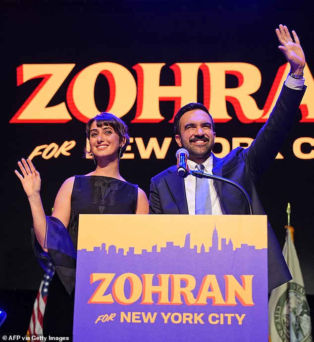 Sporting her favoured gold hoop earrings and a black lace ensemble, Rama Duwaji, the 28-year-old wife of new New York mayor Zohran Mamdani, has become the youngest ever First Lady of New York City, after her husband took more than 50 per cent of the vote in this week's mayoral elections (Pictured at Brooklyn Paramount Theate)