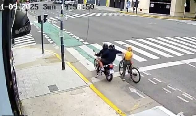 New footage shows the moment a phone thief was hit by instant karma after trying to steal a phone from a tourist - seeing bystanders rush to her aid