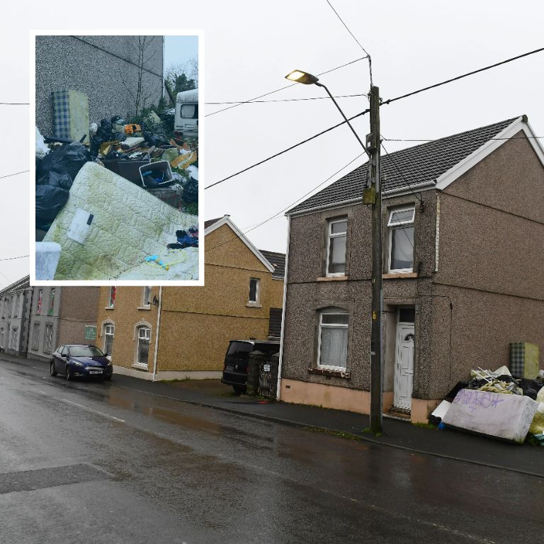 An image collage containing 2 images, Image 1 shows A house with a large pile of rubbish on its driveway, including mattresses, furniture, and black bags, Image 2 shows A large pile of trash, including black garbage bags, mattresses, furniture, and a caravan, dumped beside a house