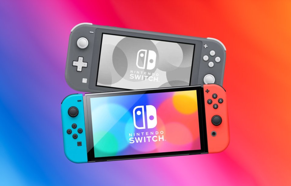 Two Nintendo Switch consoles, one grey and one with blue and red joy-cons, on a colorful background.