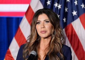 Homeland Security Secretary Kristi Noem speaks at the Citadel Patriot Dinner at the Citadel on Nov. 6, 2025, in Charleston, South Carolina.