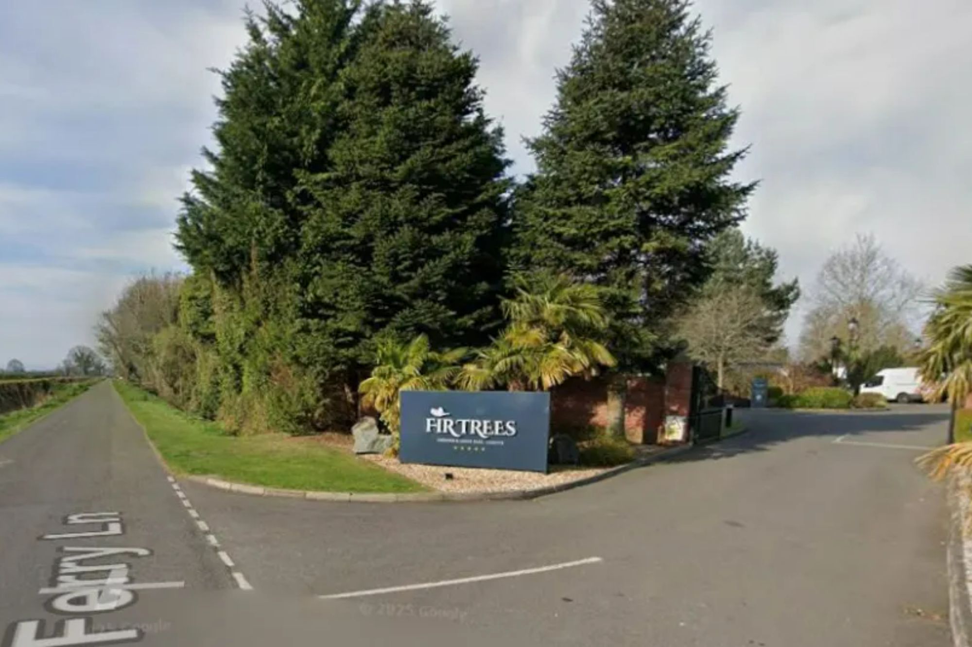 An image collage containing 1 images, Image 1 shows Roadside view of the entrance to Fir Trees hotel, showing a large sign, green trees, and the road "Ferry Ln" in the foreground