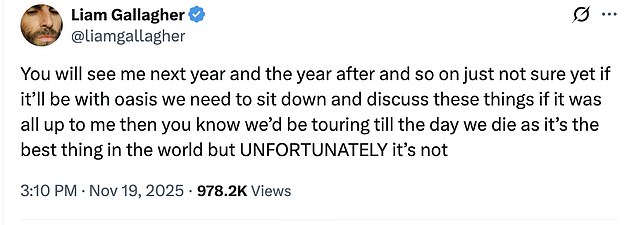Following the huge success of the tour, Liam has hinted that he is keen to keep the momentum going when he replied to a fan last week about the fate of Oasis