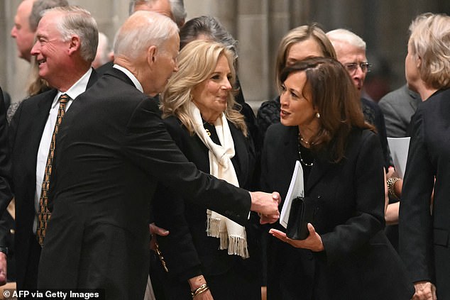 Former First Lady Jill Biden (center) was captured pursing her lips as former President Joe Biden (left) greeted former Vice President Kamala Harris, their first reunion since Harris' 2024 tell-all memoir was released