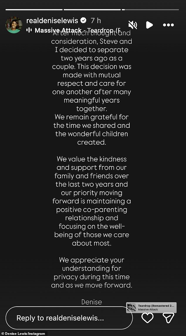 The Olympic gold medallist announced on Tuesday in a social media post that she and Steve quietly separated two years ago