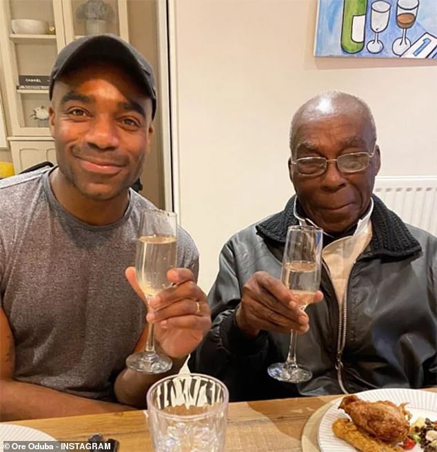 Ore, who was bought up in Dorset, said his upbringing with his strict father meant he could never tell his family about his addiction - pictured with his father
