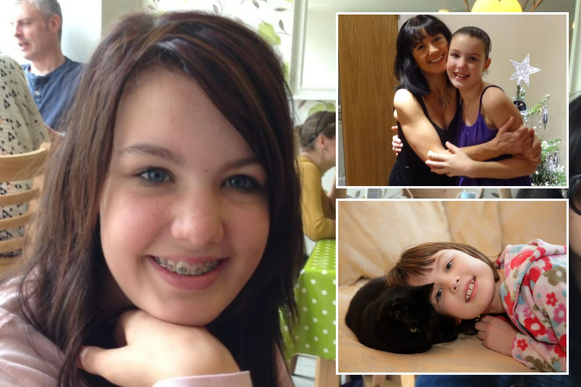 An image collage containing 3 images, Image 1 shows Sophie Parkinson and her mum Ruth Moss at a restaurant, Image 2 shows Ruth and her daughter Sophie embracing, Image 3 shows Sophie Parkinson with a black cat