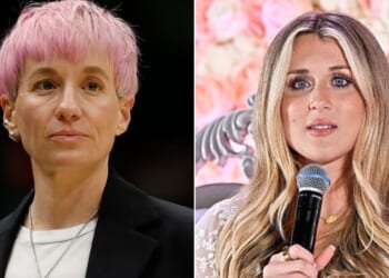 Riley Gaines, right, found it "peak irony" that former soccer star Megan Rapinoe, left, spoke out against her efforts to limit women's sports to only actual women.