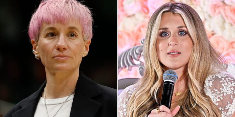 Riley Gaines, right, found it "peak irony" that former soccer star Megan Rapinoe, left, spoke out against her efforts to limit women's sports to only actual women.