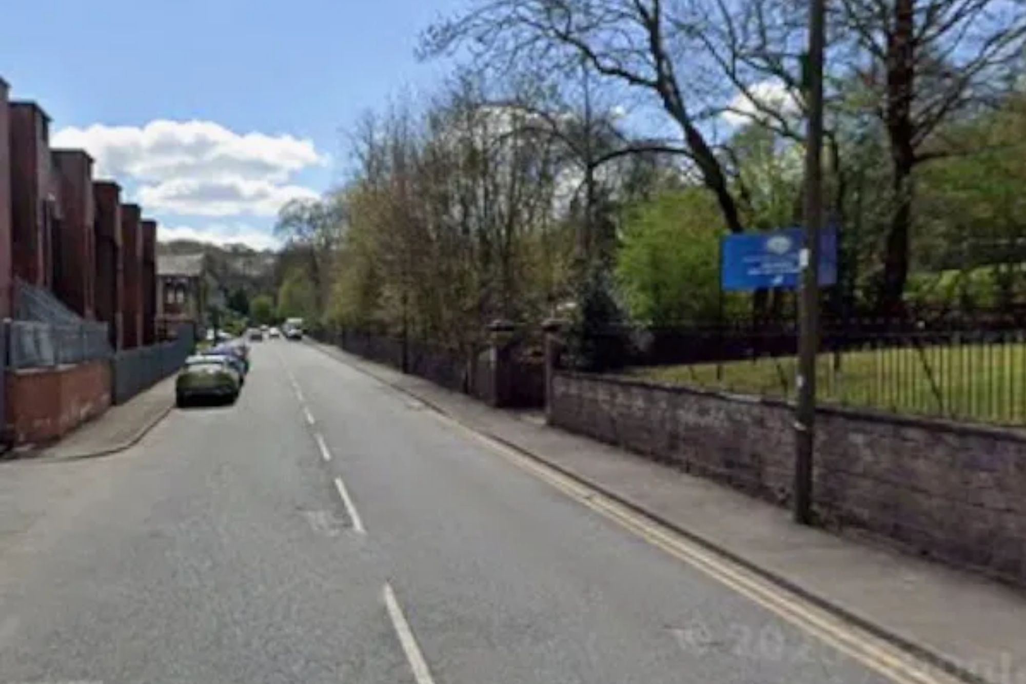 An image collage containing 1 images, Image 1 shows Meltham Mills Road in West Yorkshire, with buildings on the left and trees and a stone wall on the right