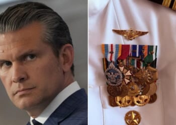 War Secretary Pete Hegseth, left, posted criticism of Sen. Mark Kelly's uniform snapshot on social media, right, but later enumerated some far more serious accusations.