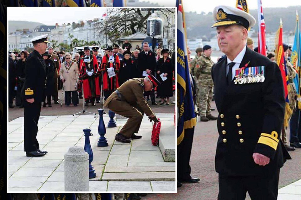 Collage of a military officer placing a wreath and another military officer standing.