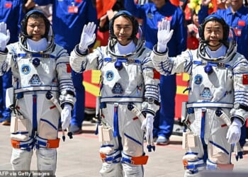 (L-R) Astronauts Wang Jie, Chen Dong and Chen Zhongrui have been stranded on the Chinese space station Tiangong until their return vehicle can be repaired