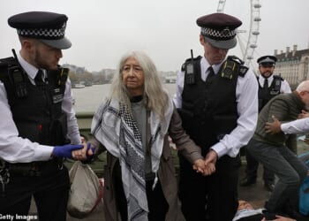 The individuals, aged between fifty and seventy-five, were arrested on the bridge on suspicion of encouraging support for a proscribed organisation contrary to Section 13 of the Terrorism Act 2000