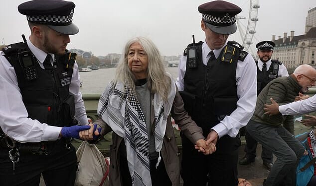 The individuals, aged between fifty and seventy-five, were arrested on the bridge on suspicion of encouraging support for a proscribed organisation contrary to Section 13 of the Terrorism Act 2000