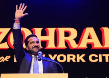 New York City Mayor-elect Zohran Mamdani celebrates during an election night event at the Brooklyn Paramount Theater in Brooklyn, New York, on Nov. 4, 2025.