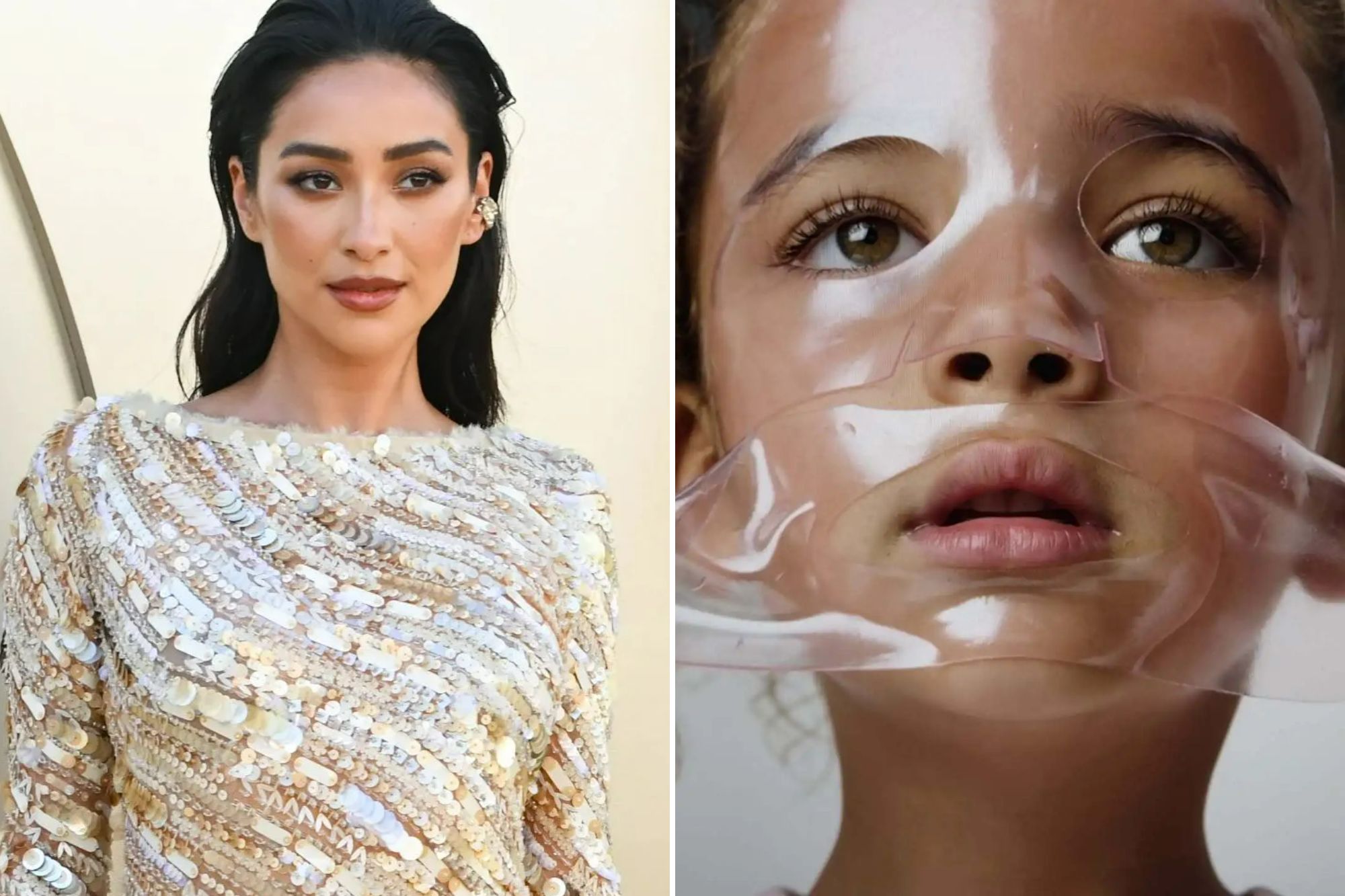 An image collage containing 2 images, Image 1 shows An image collage containing 1 images, Image 1 shows Shay Mitchell in a sequined gold evening gown at the Gold House 4th Annual Gold Gala, Image 2 shows Shay Mitchell with a clear facial mask covering her eyes, nose, and mouth