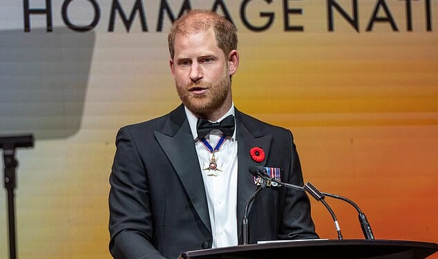 Prince Harry delivers remarks at the True Patriot Love's National Tribute Dinner in Toronto, where he praised canada's veterans and also made jokes about going bald