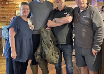 Prince William was visiting the town of Mere in Wiltshire for official Duchy of Cornwall business when he and several associates called in to the Walnut Tree Inn (Pictured with staff member Lisa James and regulars Nick Lowe and Gary Fermor)