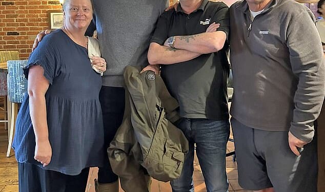 Prince William was visiting the town of Mere in Wiltshire for official Duchy of Cornwall business when he and several associates called in to the Walnut Tree Inn (Pictured with staff member Lisa James and regulars Nick Lowe and Gary Fermor)