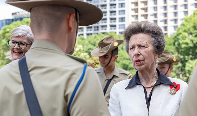 Princess Anne, pictured, attended a Remembrance service at the ANZAC Memorial in Sydney on Sunday