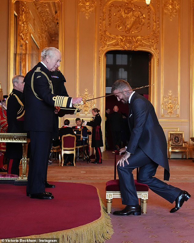 The fashion designer, 51, said she had 'never felt prouder' of her husband, 50, and shared a snap of Sir David getting knighted at Windsor Castle for his services to sport and charity
