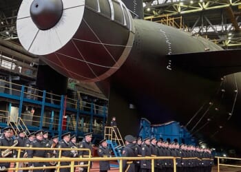 The Khabarovsk nuclear submarine is seen during its launch at the Sevmash shipyard in Severodvindk. It was originally meant to be unveiled in 2020, but suffered delays
