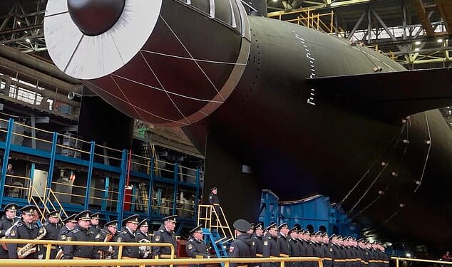 The Khabarovsk nuclear submarine is seen during its launch at the Sevmash shipyard in Severodvindk. It was originally meant to be unveiled in 2020, but suffered delays