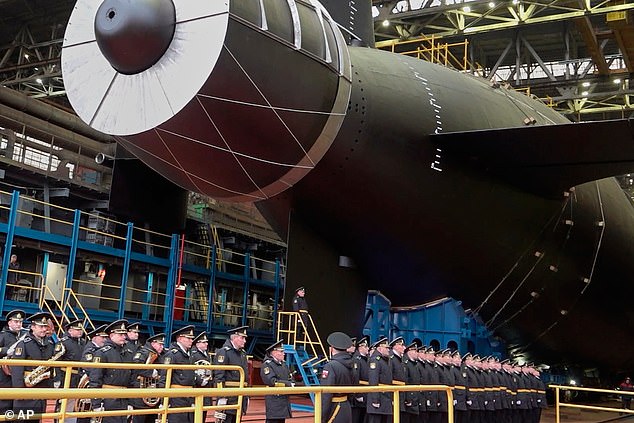 The Khabarovsk nuclear submarine is seen during its launch at the Sevmash shipyard in Severodvindk. It was originally meant to be unveiled in 2020, but suffered delays