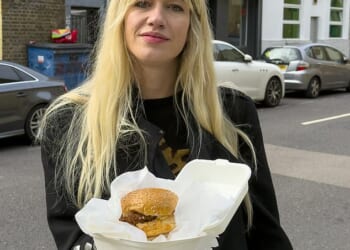 Reporter Lydia Veljanovski with a Coqfighters chicken burger created at The Little Kebab House in Isle of Dogs, east London