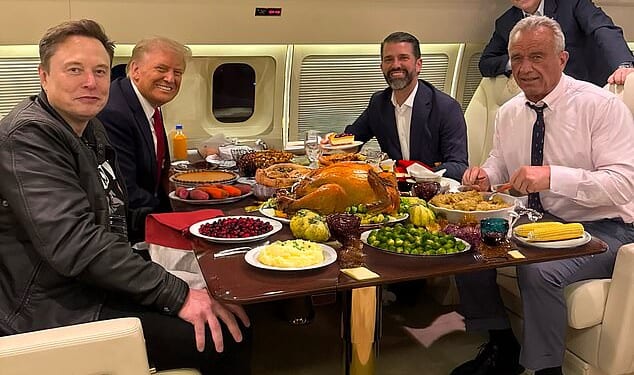 The Health Secretary, 71, took to X this afternoon to wish his one million followers a happy Thanksgiving. He included an edited photo of him, Donald Trump, Donald Trump Jr, Elon Musk and House Speaker Mike Johnson