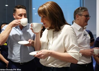 Chancellor of the Exchequer Rachel Reeves (centre), Health Secretary Wes Streeting (left) and Prime Minister Sir Keir Starmer meet staff at the University College London Hospital after she delivered her Budget.