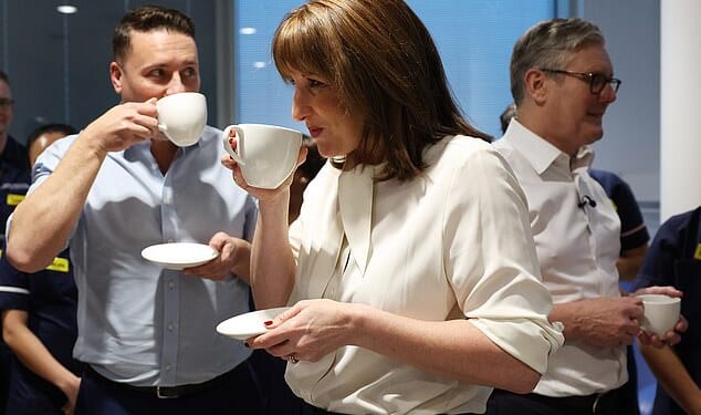 Chancellor of the Exchequer Rachel Reeves (centre), Health Secretary Wes Streeting (left) and Prime Minister Sir Keir Starmer meet staff at the University College London Hospital after she delivered her Budget.