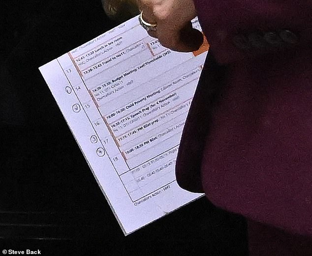 Earlier this month Ms Reeves was pictured leaving Downing Street with part of her diary visible, and the word 'Thresholds' to describe one meeting