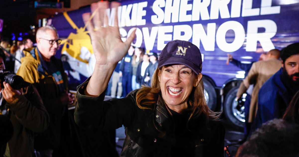 Democratic gubernatorial candidate Mikie Sherrill waves during a campaign event in Montclair, New Jersey, on Nov. 3, 2025.