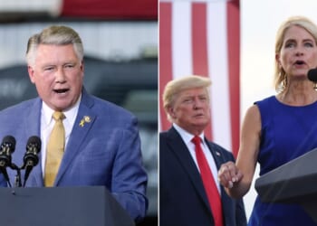 Rep Mark Harris of North Carolina, left, and Rep. Mary Miller of Illinois, right, seen with President Donald Trump at a 2022 event, are working to end the program that provides taxpayer funds to transport minors across state lines for abortions.