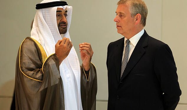 Andrew Mountbatten Windsor, 65, (right) has been offered use of a waterfront home by UAE president Sheik Mohamed bin Zayed Al Nayhan (pictured left)