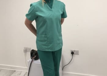 Vivienne Taylor pictured herself in medical scrubs after she had completed a course in aesthetics