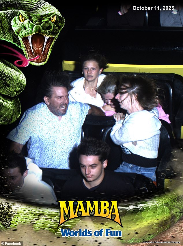 This photo taken by the Mamba roller coaster's camera captured the moment couple Chris and Cassie Evins held onto a girl in the seat behind them whose seatbelt had come loose
